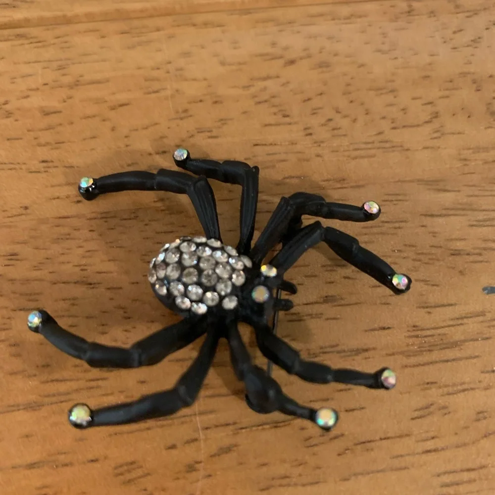 Spider Brooch Pin Black with Rhinestones